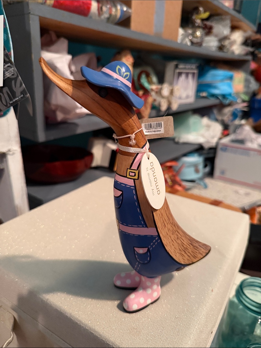 Amanda Wooden Duck Figurine in Blue and Pink